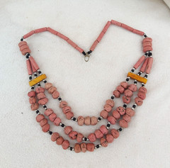 Vintage Pink Clay Bead Multi Strand Bib Necklace Yellow Spacer Bar Tribal Boho