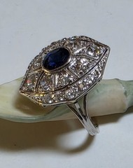 Antique Platinum Old European And Mine Cut Diamonds Blue Synthetic Sapphire Ring