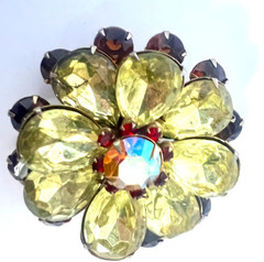 AB Rhinestone Brooch Pin Yellow & Brown Prong Set Gold Tone Floral Statement 2.5