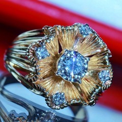 14k yellow gold sz 6 ring 0.80ct natural diamond flower vintage 8.26g Prism-lite