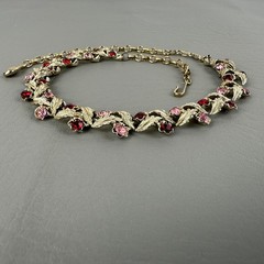 Vintage Coro Necklace Red Pink Rhinestone Leaf Gold Tone Choker Adjustable 15″