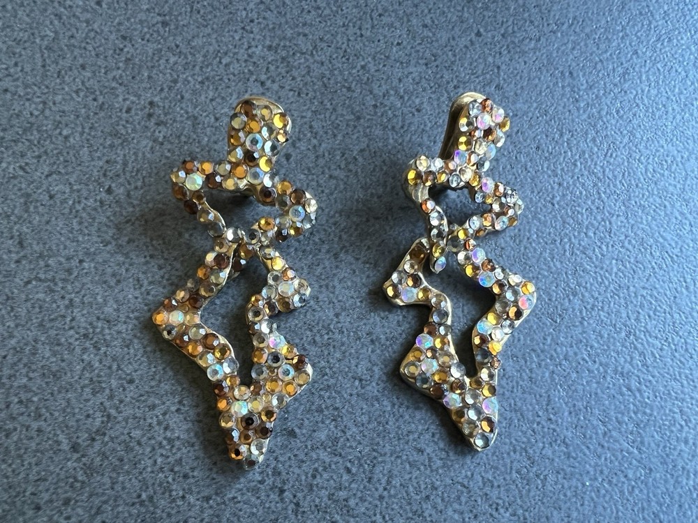 Vtg 1980s Bellini by Formart Crystal Pave Dangle Drop Earrings Clip On WOW!￼￼
