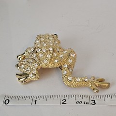 Vintage Frog Brooch Gold Tone Rhinestones Huge Statement Pin Green Eyes 3.5 In.