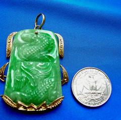 Original EARTH MINED Antique Green JADE DRAGON Pendant 14K GOLD Deco Luck Gift