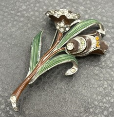Large Figural Double Flower Brooch Enameled & Rhinestone Vintage Pot Metal