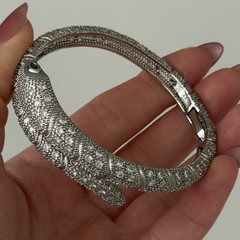 Snake Serpent Bracelet Clear CZ Green Eyed Silver Tone Sparkly Hinged Bangle