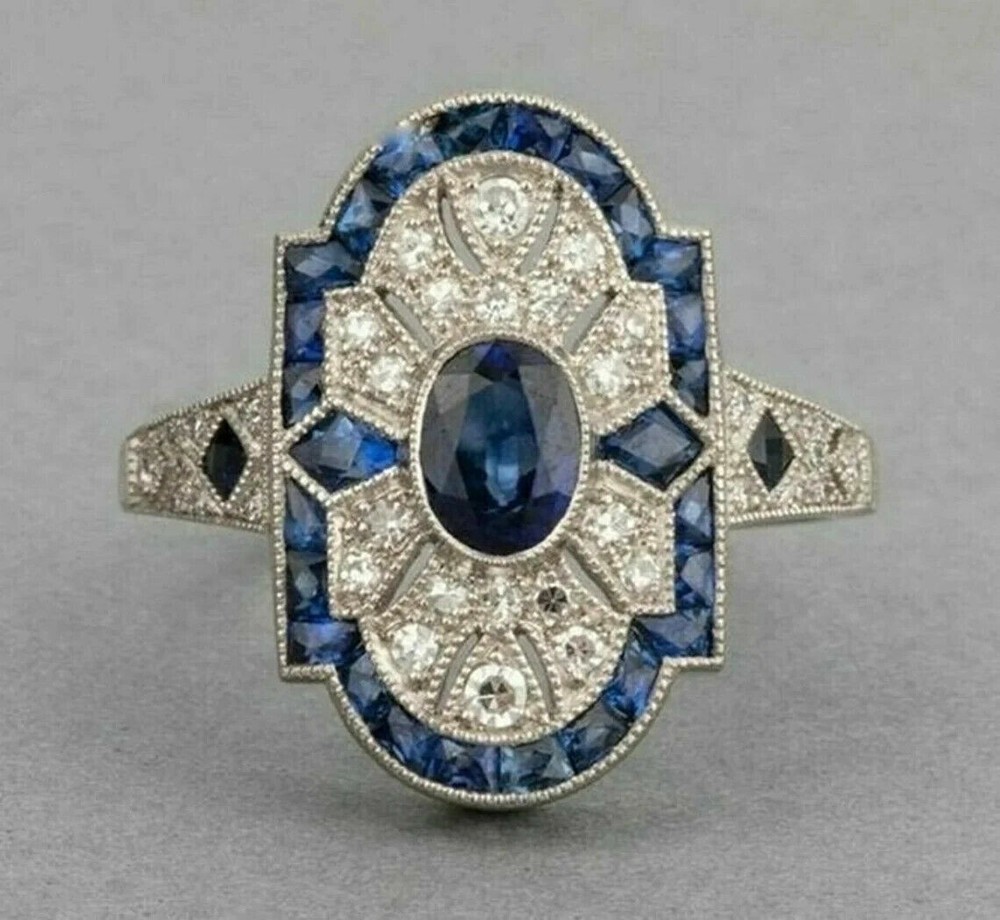 2.85Ct Art Deco Style Lab Created Sapphire Engagement 14K White Gold Finish Ring