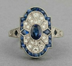 2.85Ct Art Deco Style Lab Created Sapphire Engagement 14K White Gold Finish Ring