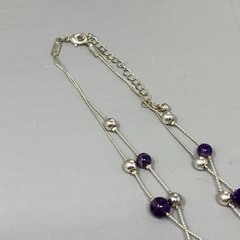 Amethyst Stone Beaded Necklace Silver Tone Chain Beads Double Strand Station 18″