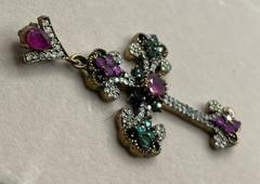 Antique Simulated Green Emerald Cross Pendant Sterling Silver & Gold 14g