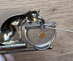 1940s Anthony Aquilino Sterling Silver Cat Fishing Fish Bowl Jelly Belly Brooch
