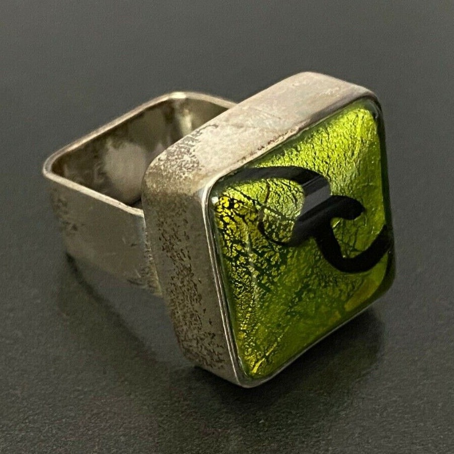 Vintage Modernist Green Glass Sterling Silver Ring Size 8.25