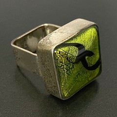 Vintage Modernist Green Glass Sterling Silver Ring Size 8.25