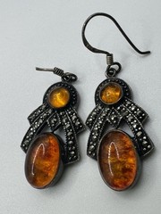 Vintage BOMA signed Baltic Amber Marcasite Sterling Earrings One Hook Beautiful