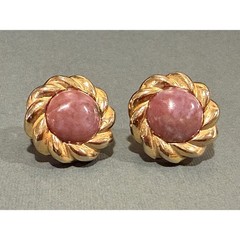Earrings Pink Glass Cabochon Gold Tone Vintage Twisted Rope Border Clip On Post
