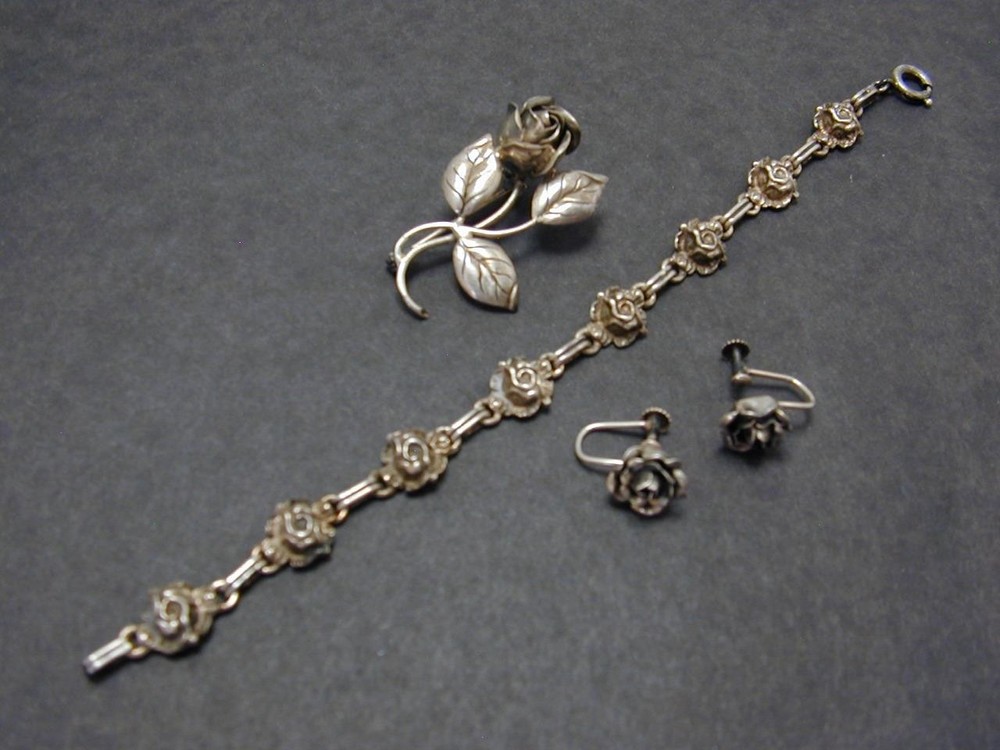 Vtg 835 Silver 3D Rose Bracelet Brooch Screw Back Earrings 3 pc Set Pin European