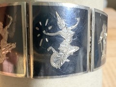 Vintage Thai Siam Niello Sterling Silver Panel 7” Bracelet 9 Panel Dancers 32.7g