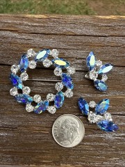 Vintage B. David Blue and Clear Crystal Rhinestone Pin Earring Set