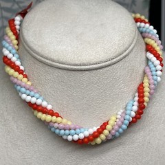 Vintage Japan Beaded 15” Necklace Red Blue Pink White Glass Beads 5908