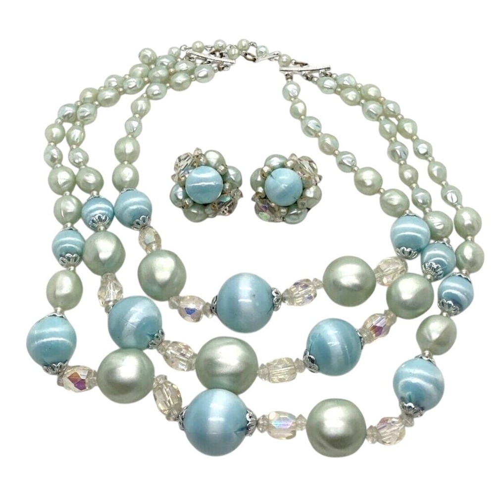 Vintage Pastel Blue Plastic Bead 3 Strand 16” Necklace Earrings Set 60s Japan