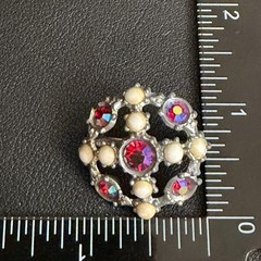 Vintage Pot Metal Brooch AJC Rhinestone Silver Tone Aurora Borealis Faux Pearl