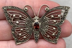 Vintage M Sterling Silver Garnet & Marcasite Filigree Butterfly Brooch 2″