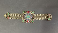 Vintage Hollycraft Box Chain Bracelet Gold Tone Multicolor Glass Pearl Stones
