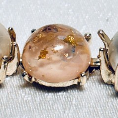 CORO pink confetti Lucite cabochon faux pearl bracelet fold over clasp vintage