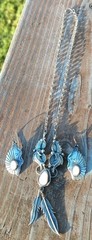 NAVAJO STERLING SILVER MOTHER OF PEARL FEATHER NECKLACE & EARRINGS 20.6 Grams