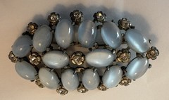 Vintage Moonglow Glass Cabochon Brooch Silver Tone Rhinestone Unsigned 1930s