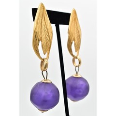Vintage Chunky Leaf Clip On Earrings Brushed Gold Frosted Purple 80s 1980s BinBK
