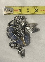 JJ JONETTE Vintage Pewter Pin Brooch Winged Fairy With Purple Sparkles