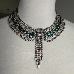 Hobe Signed Clear & Green Glass Rhinestone Necklace 16.5” With 3.75” Fringe VTG