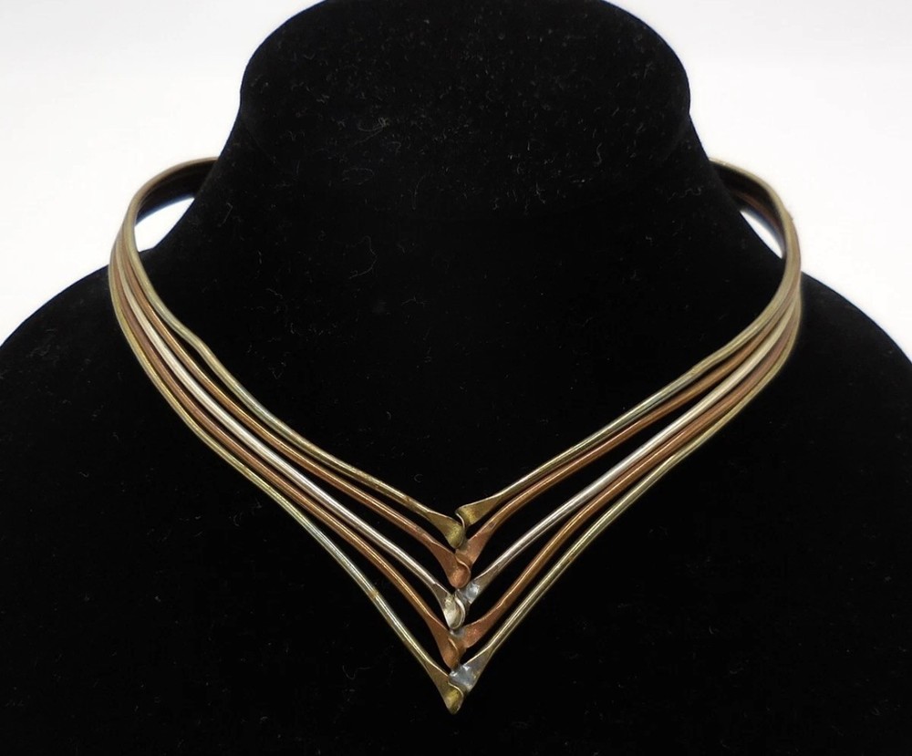 Vintage Mid Century Modern Sterling Silver & Mixed Metal Necklace Brass Copper