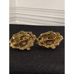 Vintage Florenza Filigree Clip‑On Earrings – Red Enamel & Pearl Center