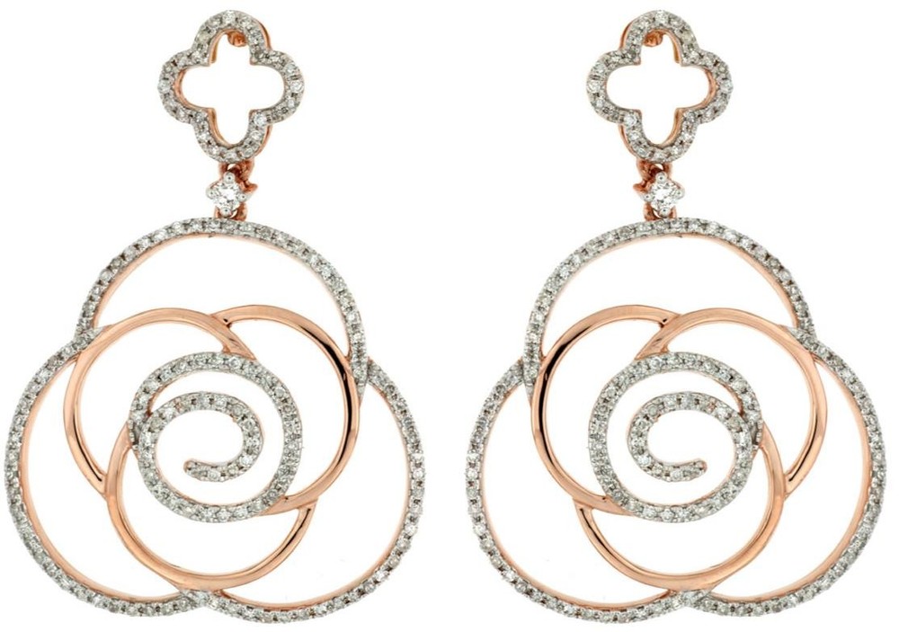 1.03CT DIAMOND 14KT ROSE GOLD 4 LEAF CLOVER FLOWER MULTI SWIRL HANGING EARRINGS
