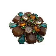 Vintage Art Deco Style Brooch Tea Brown Floral Rhinestone Acrylic Pin 2 1/4 in