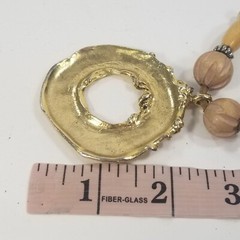 Vintage Gold Tone Brutalist Necklace Leather Wood Bead Pendant Boho