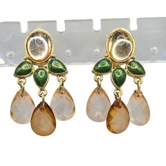 Vintage Earrings Teardrop Beaded Kundan Style Screwback Clip On Gold Tone SK3108