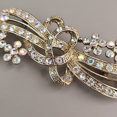 Rhinestone Ribbon Bow Brooch Clear AB Flowers Gold Tone 3.25″