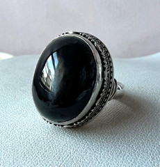 VINTAGE HUGE BLACK STAR CATS EYE MOONSTONE ? CABOCHON 925 STERLING SILVER RING