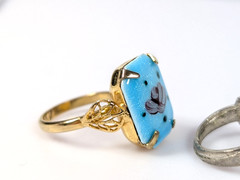 Vtg Victorian Revival Ring Lot Green Glass Blue Flower Enamel Adjustable