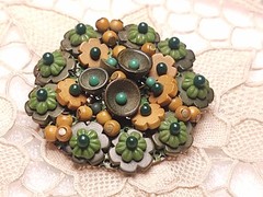 Vintage Signed Czech Wired Wooden Glass Flower Beads Brooch Earthy Tone