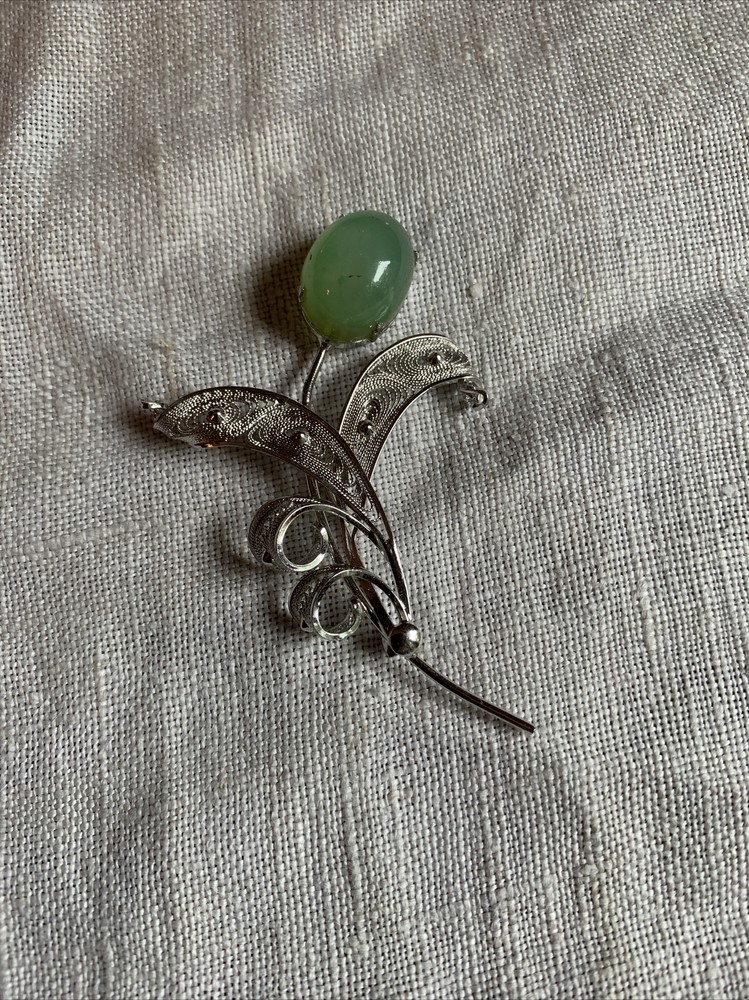 Vintage JJJ Signed Green Agate Sterling Silver Flower Brooch Pin