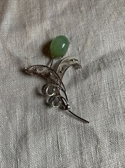 Vintage JJJ Signed Green Agate Sterling Silver Flower Brooch Pin