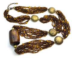 VTG Brown Necklace Multi Strand Seed Beads Large Bronze Wood Wooden Bead 31 in