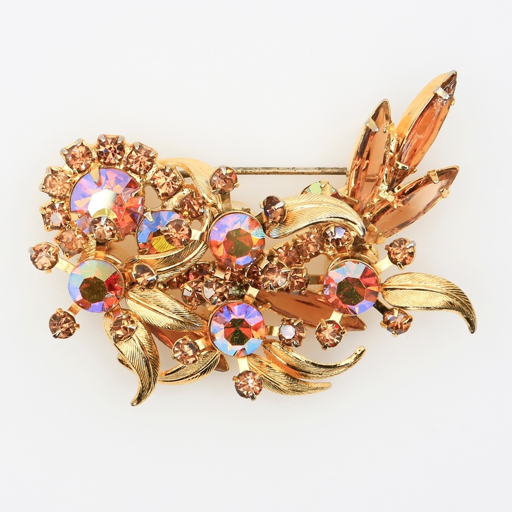 Juliana D&E AB Rhinestone Venus Flame Floral Brooch Pitman Book Piece 1960s