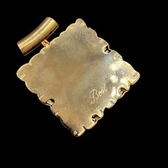 Square Shaped Pendant Textured Nuggets Black Bead Center Signed Best Vtg 1990s
