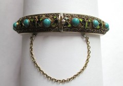 VINTAGE CHINESE STERLING SILVER ENAMEL TURQUOISE HINGED BANGLE BRACLET EXPORT