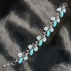 Vintage STAR 1940s-50s Signed Aqua Thermoset & Enamel Leaf Bracelet Silver Tone